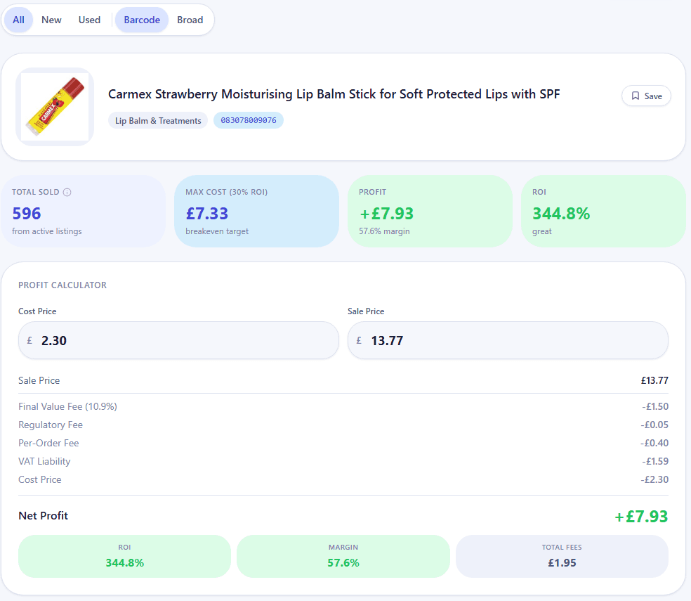 ScanJunki scan result showing eBay sold data and a profit calculator